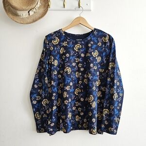 🌿 Lands’ End Supima Cotton Navy Floral Long Sleeve Top Womens Large Relaxed Fit
